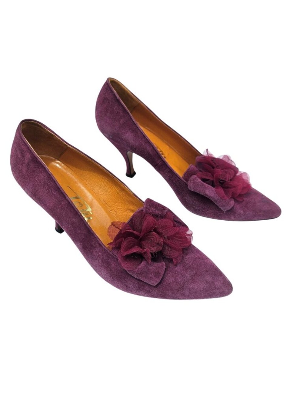 Vintage 1980s Raspberry Purple Suede Kitten Heel Pumps Floral Bow Size 7.5